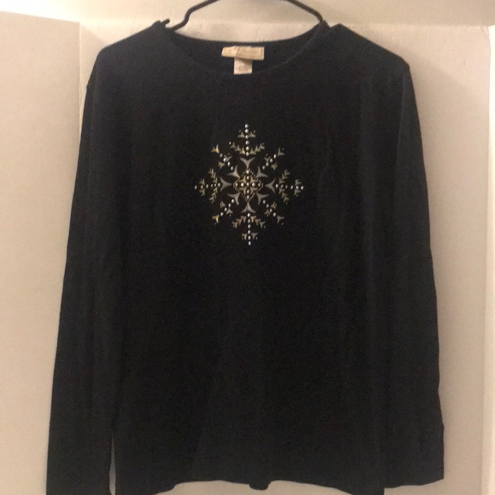 M & C sportswear top size L long sleeves black embroidered silver gold snowflake